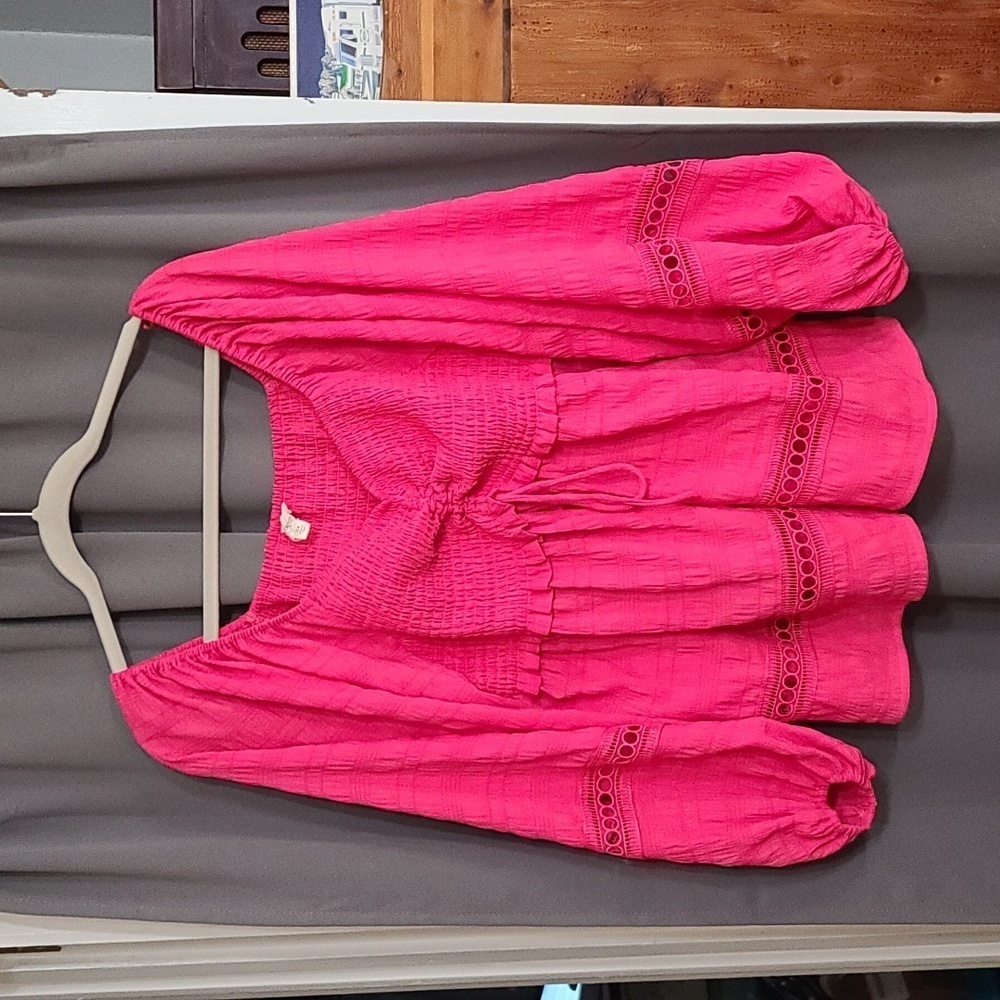 Line Up 143 Story Womens‎ Blouse Shirt Pink Smocked BOHO Stretchy Sz 2X EUC